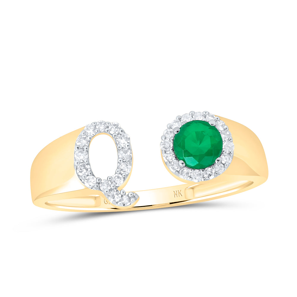 1/8CTW-DIA NK 4 MM RD-EM SYNTHETIC INITIAL  "Q" LADIES RING