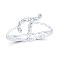 10K White Gold 1/6 CTW-Natural Diamond Gift Initial "T" Ladies Ring 1.38 Gram