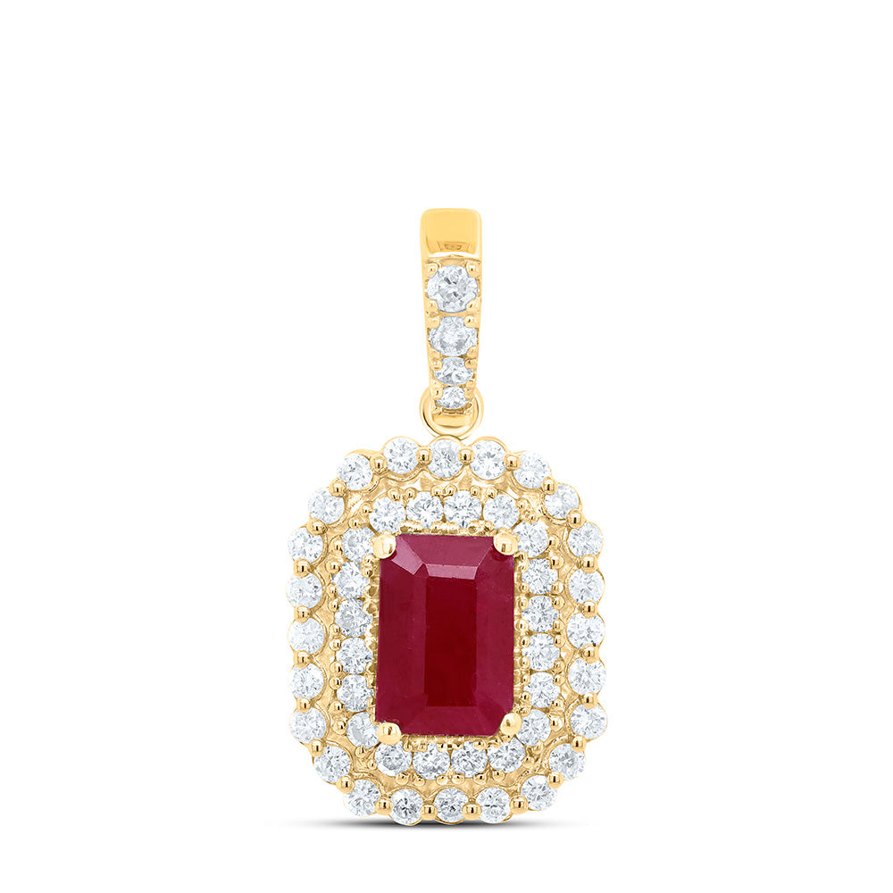 14K Yellow Gold 1/3 CTW-Natural Diamond 6X4MM Em-Ru Natural Gemstone Pendant 1.52 Gram