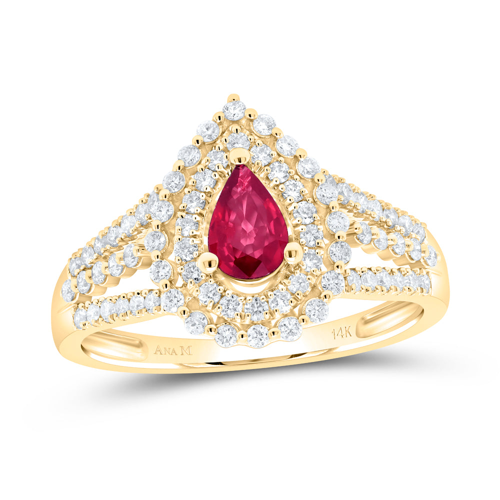 14K Yellow Gold 1/2 CTW-Natural Diamond 6X4MM Pear-Ru Natural Gemstone Ring 3.24 Gram