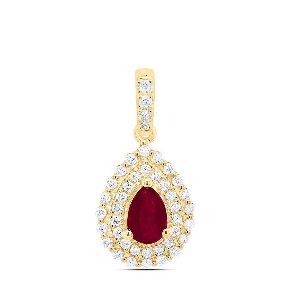 14K Yellow Gold 1/4 CTW-Natural Diamond 6X4MM Pear-Ru Natural Gemstone Pendant 1.29 Gram