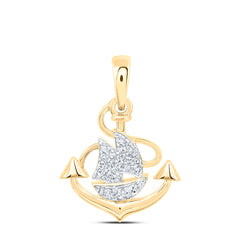 10K Yellow Gold 1/12 CTWnatural Diamond Gift Anchor Ship Pendant 0.90 Gram