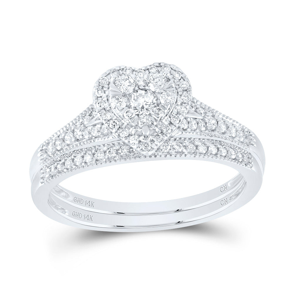 14K White Gold 3/8 CTW-Natural Diamond Heart Single Halo Bridal Set 3.55 Gram