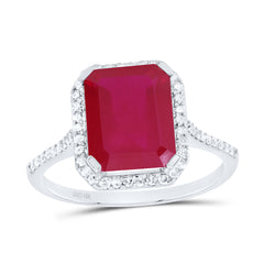 10K White Gold 1/4 CTW-Natural Diamond 10X8 MM Em-Ru Synthetic Ring 2.24 Gram