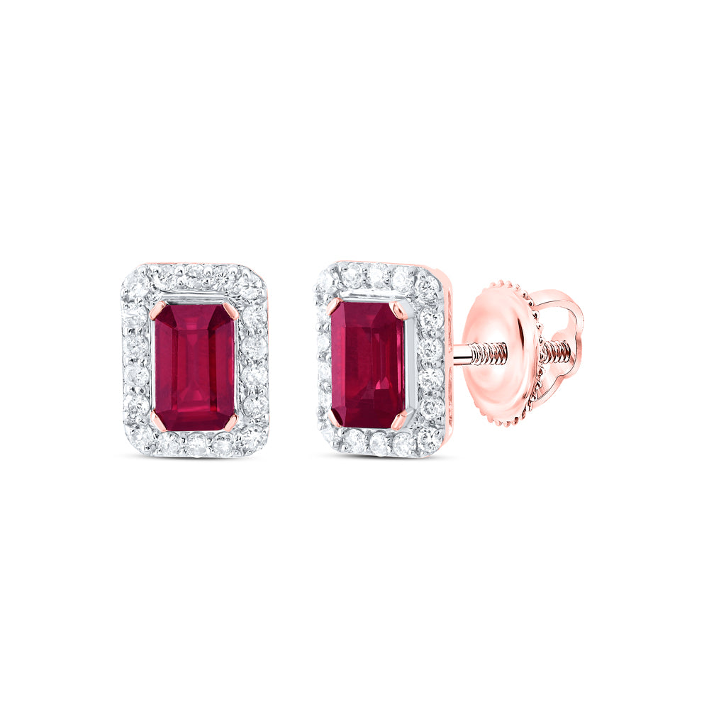14K Rose Gold 1/5 CTW-Natural Diamond 5X3MM Em-Ru Natural Gemstone Stud Earring 1.33 Gram