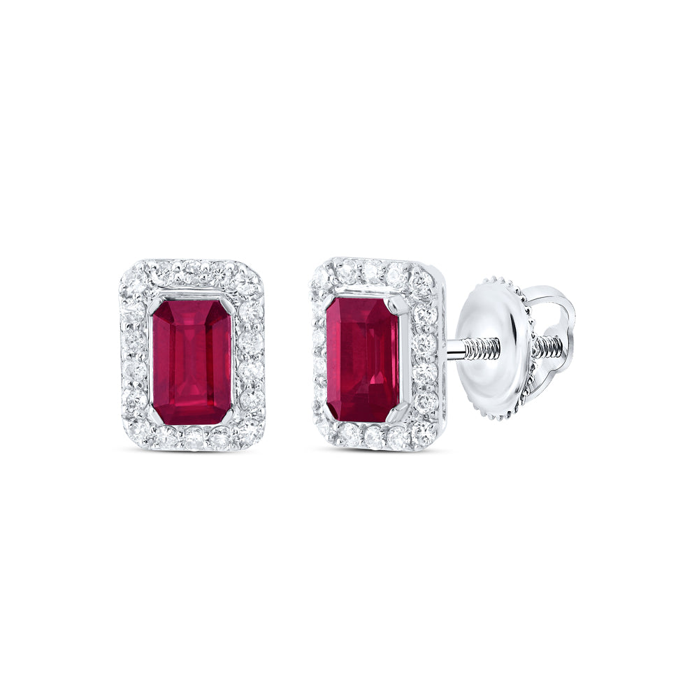 14K White Gold 1/5 CTW-Natural Diamond 5X3MM Em-Ru Natural Gemstone Stud Earring 1.33 Gram