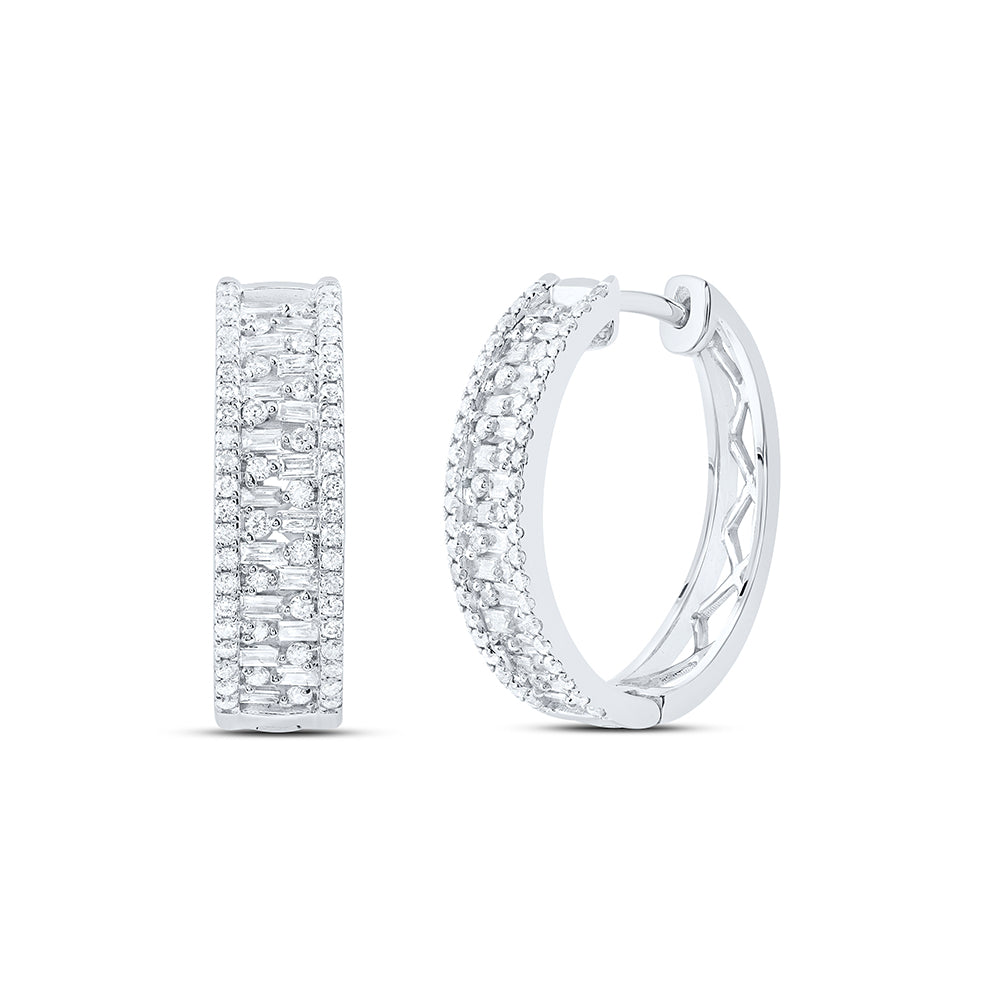 14K White Gold 7/8 CTW-Natural Diamond Fashion Baguette Hoop Earring 4.35 Gram