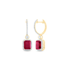 10K Yellow Gold 1/2 CTW-Natural Diamond 9X7 MM Em-Ru Synthetic Dangling Earring 4.86 Gram