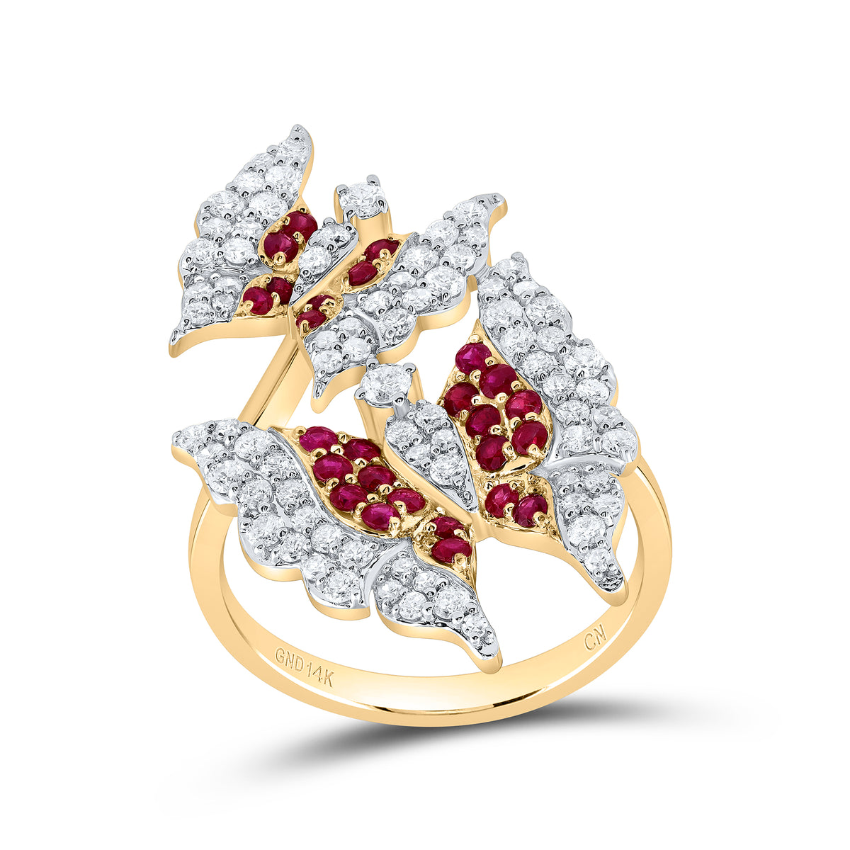 3/4CTW-DIA CN 1/2CTW RD-RU NAT GEM BUTTERFLY RING