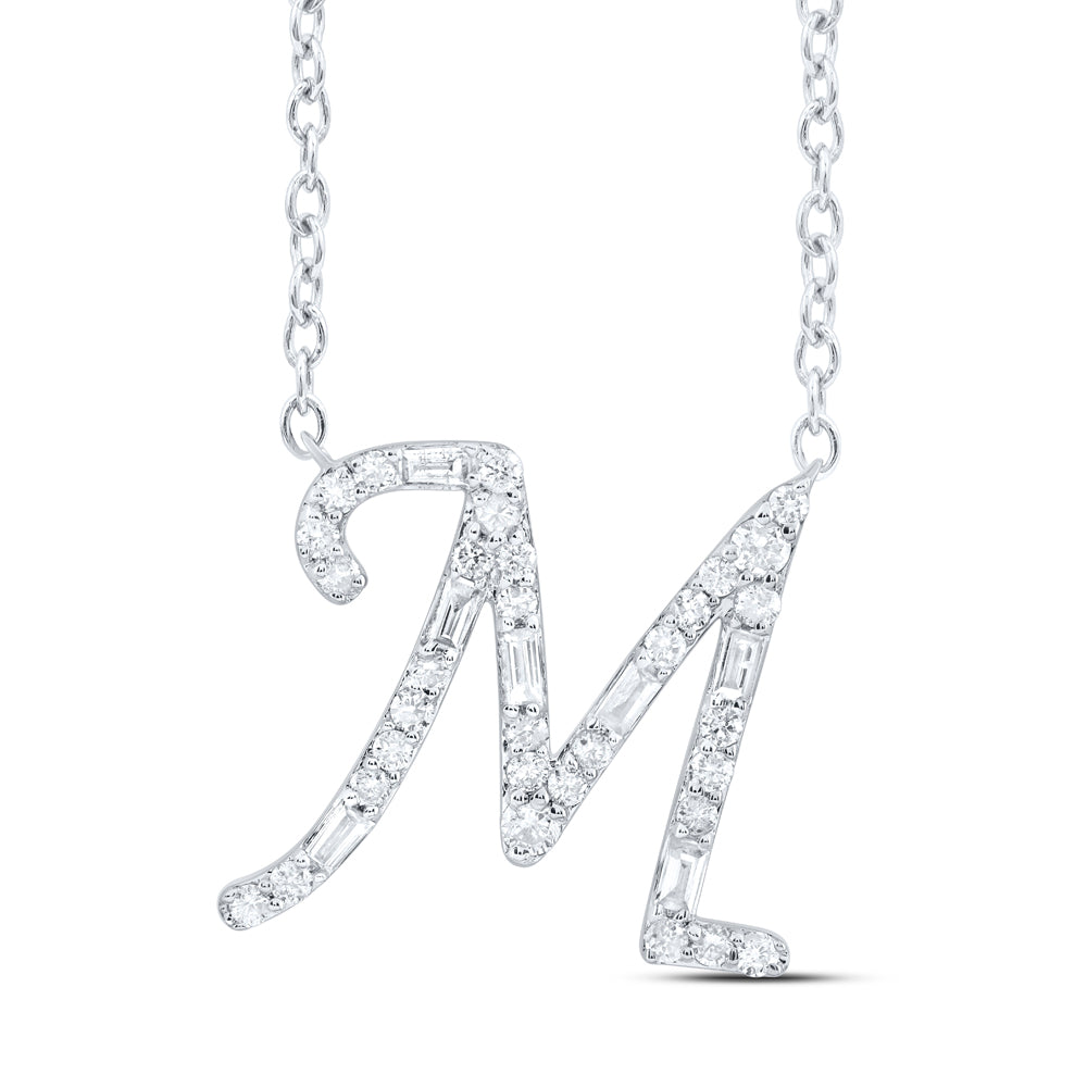 10K White Gold 1/4 CTW-Natural Diamond Initial "M" Fashion Baguette Necklace (18 Inch ) 1.80 Gram