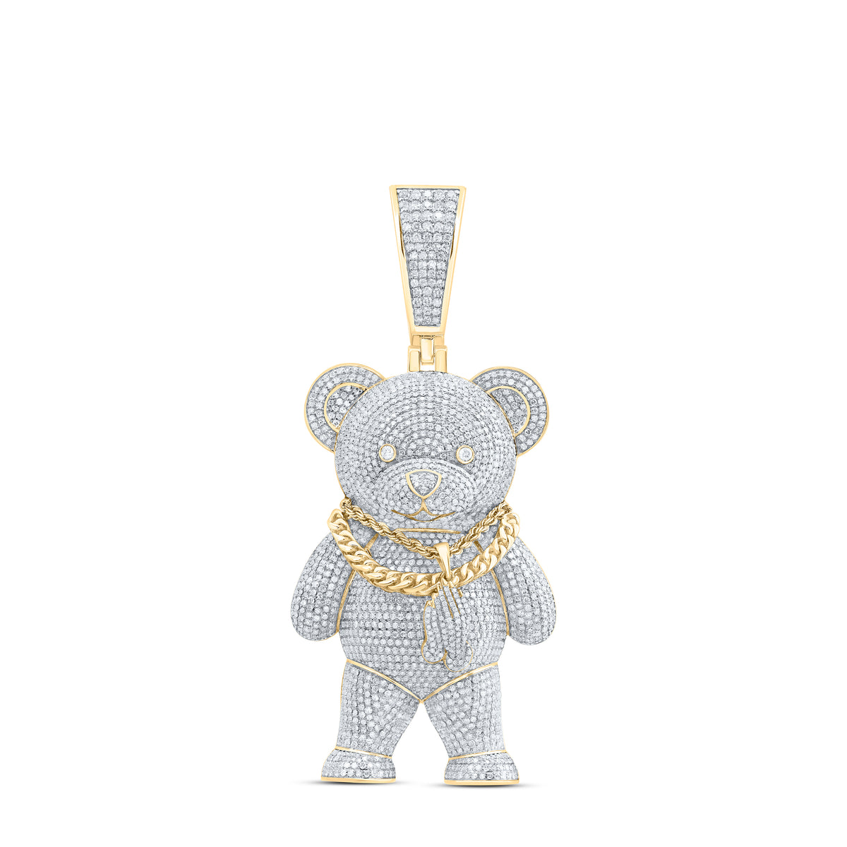 10K Yellow Gold 7 1/2 CTW-Natural Diamond Teddy Bear Mens Charm With Chain 42.78 Gram