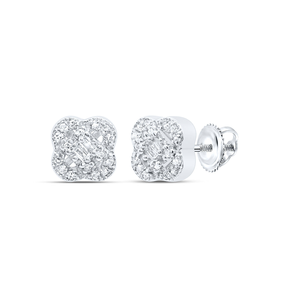 10K White Gold 1/10 CTW-Natural Diamond Gift Clover Baguette Earring 1.33 Gram