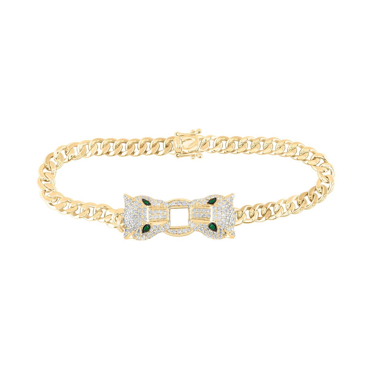 14k Gold 2 CTW-Natural Diamond 1/20 CTW-Rd-Em Natural Gemstone Ladies Leopard Curb Chain Bracelet (7 Inch ) Gram