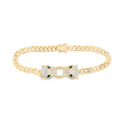 14k Gold 2 CTW-Natural Diamond 1/20 CTW-Rd-Em Natural Gemstone Ladies Leopard Curb Chain Bracelet (7 Inch ) Gram
