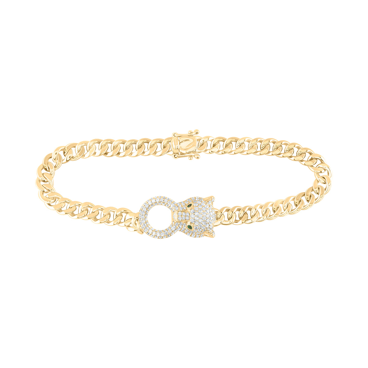 14k Gold 1 1/3 CTW-Natural Diamond 0.03 CTW-Rd-Em Natural Gemstone Ladies Leopard Curb Chain Bracelet (7 Inch ) Gram