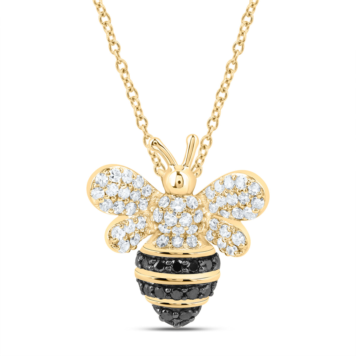 10k Gold 3/8 CTW-Natural Diamond Rd-Black Diamond Honey Bee Necklace(18 Inch ) Gram