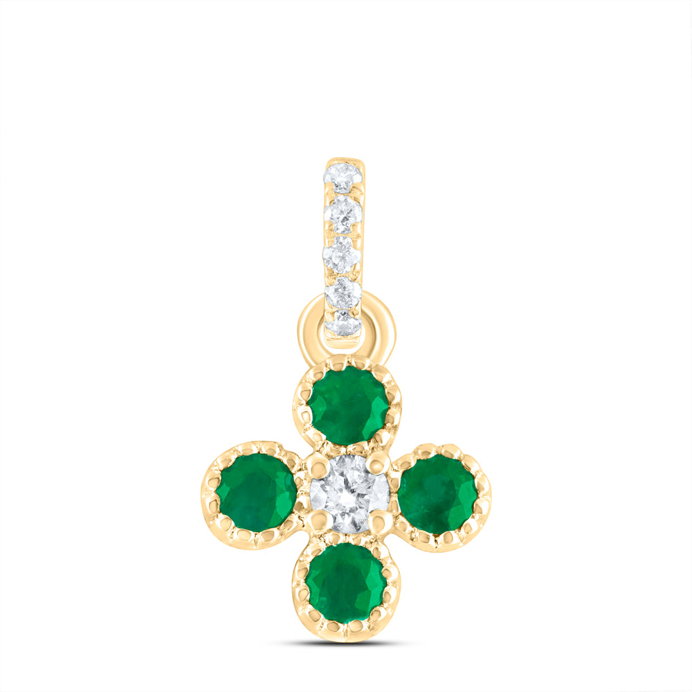 14K Yellow Gold 1/20 CTW-Natural Diamond 1/6 CTWrd-Em Natural Gemstone Clover Pendant 0.69 Gram