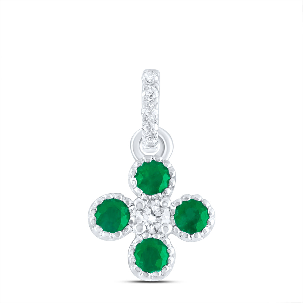 14K White Gold 1/20 CTW-Natural Diamond 1/6 CTWrd-Em Natural Gemstone Clover Pendant 0.74 Gram