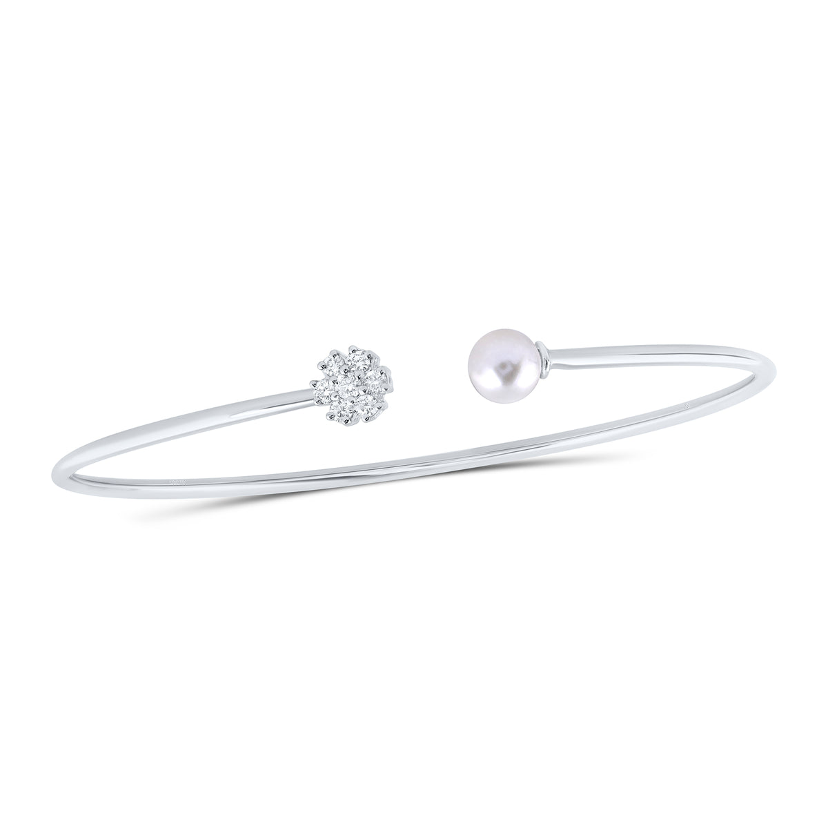 10K White Gold 1/5 CTW-Natural Diamond 6.5MM-Pearl Flower Ladies Bangle (60X48MM) 2.528 Gram