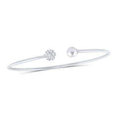 10K White Gold 1/5 CTW-Natural Diamond 6.5MM-Pearl Flower Ladies Bangle (60X48MM) 2.528 Gram
