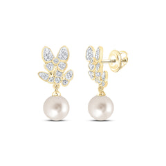 10K Yellow Gold 1/6 CTW-Natural Diamond 6 MM-Pearl Butterfly Earring 1.19 Gram