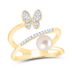 10K Yellow Gold 1/6 CTW-Natural Diamond 6MM-Pearl Butterfly Ladies Ring 3.22 Gram