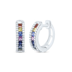 14K White Gold 1/4 CTW-Natural Diamond 7/8 Ct- Pr-Natural Gemstone Multi Clear Sapphire Hoop Earring 3.79 Gram