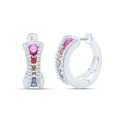 14K White Gold 1/4 CTW-Natural Diamond 1 3/8 Ct- Rd- Natural Gemstone Multi Clear Sapphire Hoop Earring 5.76 Gram