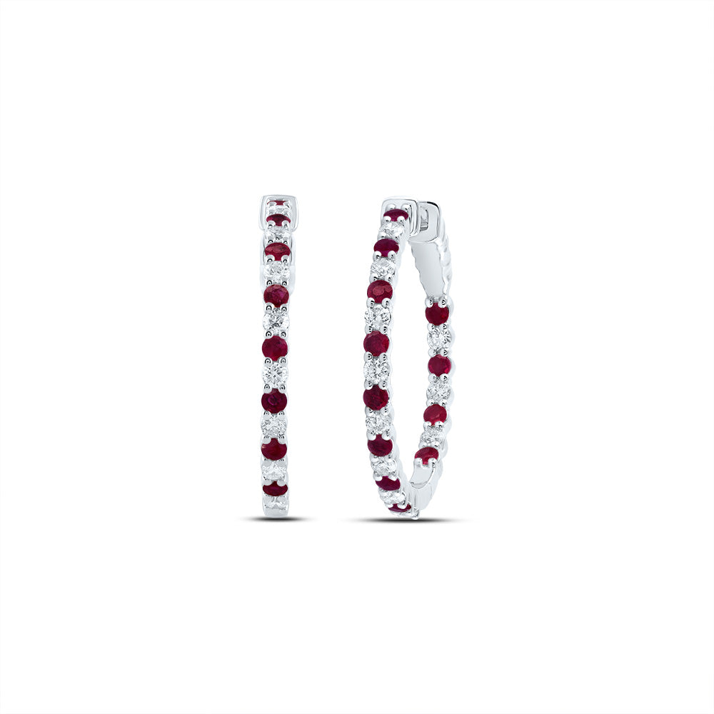 14K White Gold 7/8 CTW-Natural Diamond 1 1/3 CTWrd-Ru Natural Gemstone Hoop Earring 6.33 Gram
