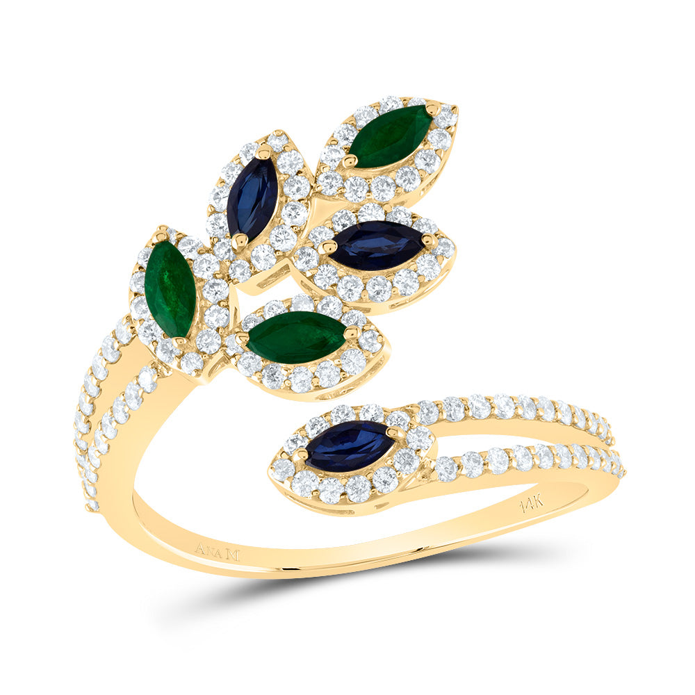 14K Yellow Gold 1/2 CTW-Natural Diamond 1/4 CTWmq-Em, 1/3 CTW-Mq-Bs Natural Gemstone Ring 3.24 Gram