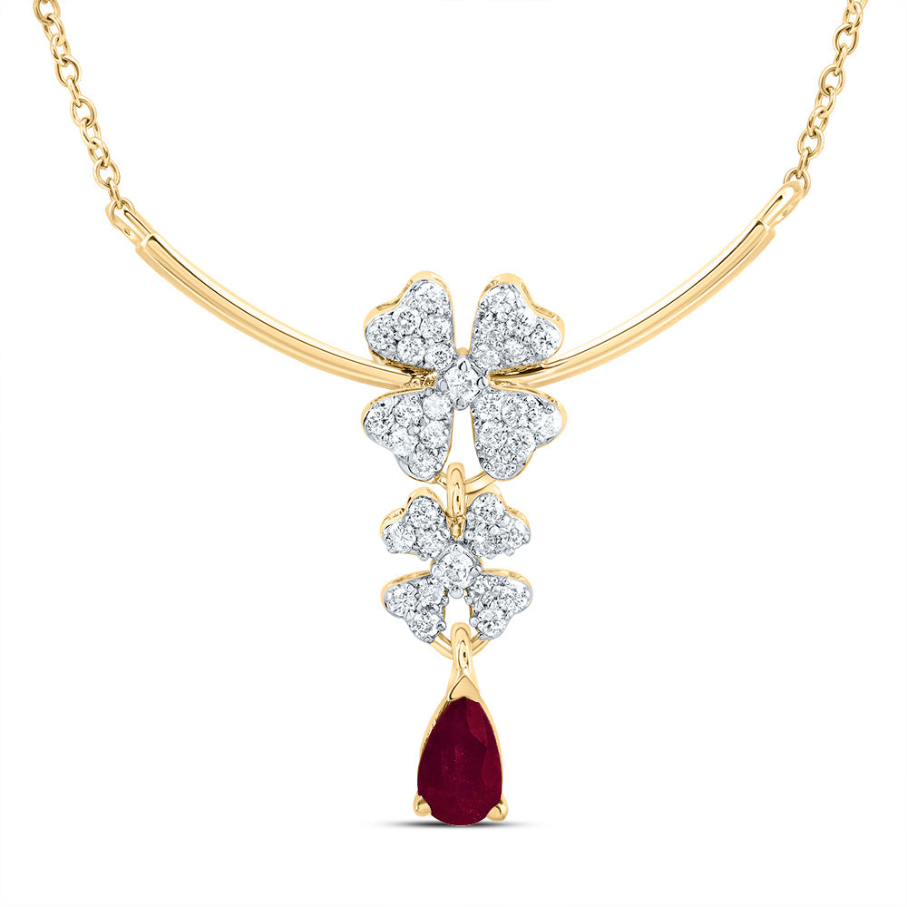 1/5CTW-DIA CN 6X4MM PS-RUBY NAT GEM FASHION FLOWER NECKLACE(18 INCH)