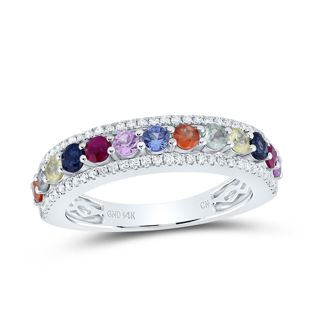 14K White Gold 1/4 CTW-Natural Diamond 1 CTW Rd-Natural Gemstone Multi Clear Sapphire Ring 3.75 Gram