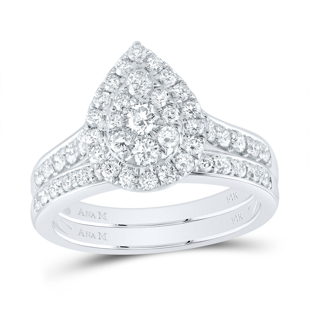 14K White Gold 1 CTW-Natural Diamond Pear Double Halo Fashion Bridal Set 6.11 Gram