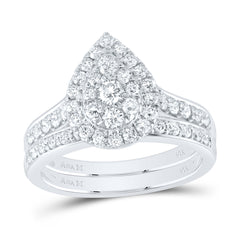 14K White Gold 1 CTW-Natural Diamond Pear Double Halo Fashion Bridal Set 6.11 Gram