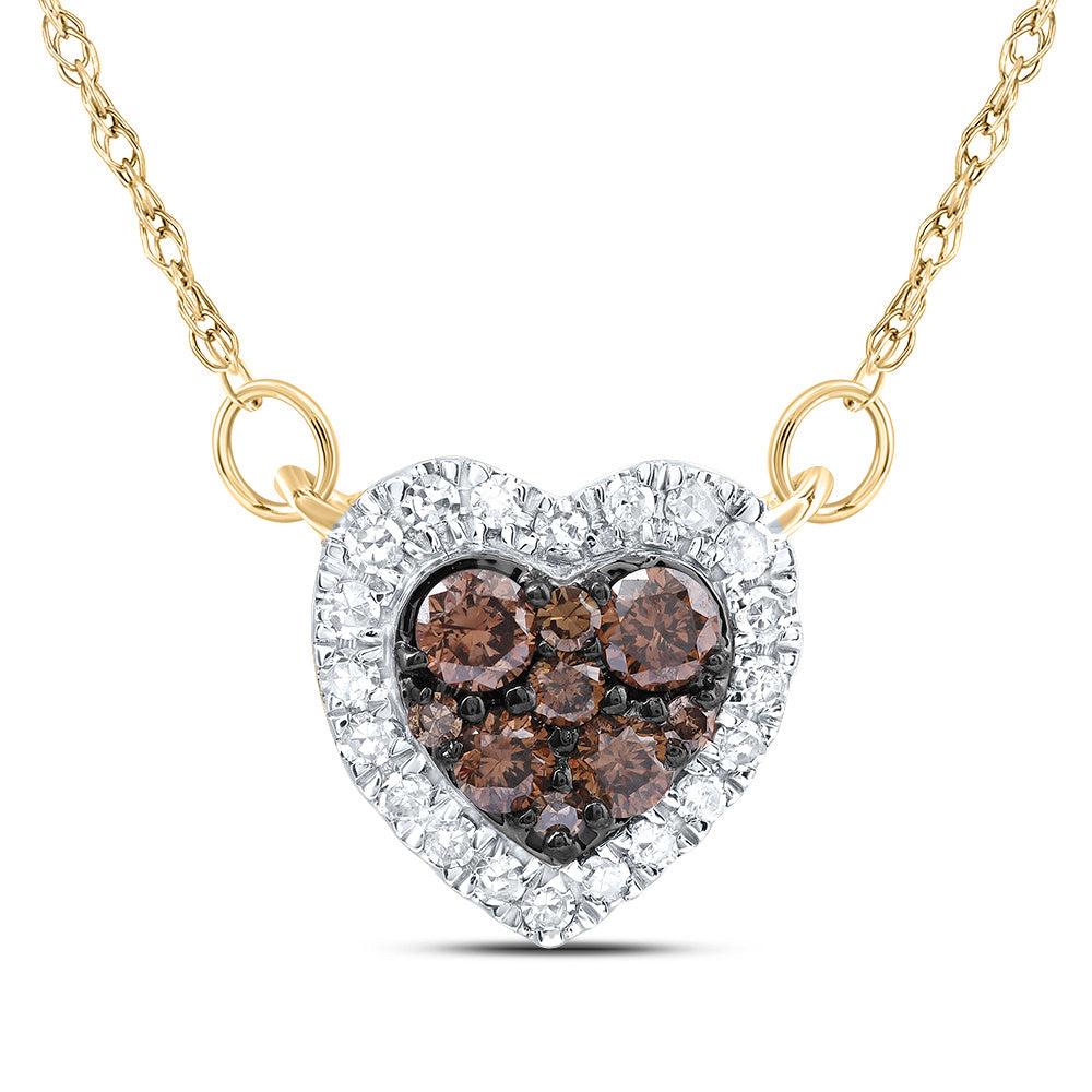 10K Yellow Gold 1/3 CTW-Natural Diamond Cognac Natural Heart Necklace (18Inch ) 0.94 Gram