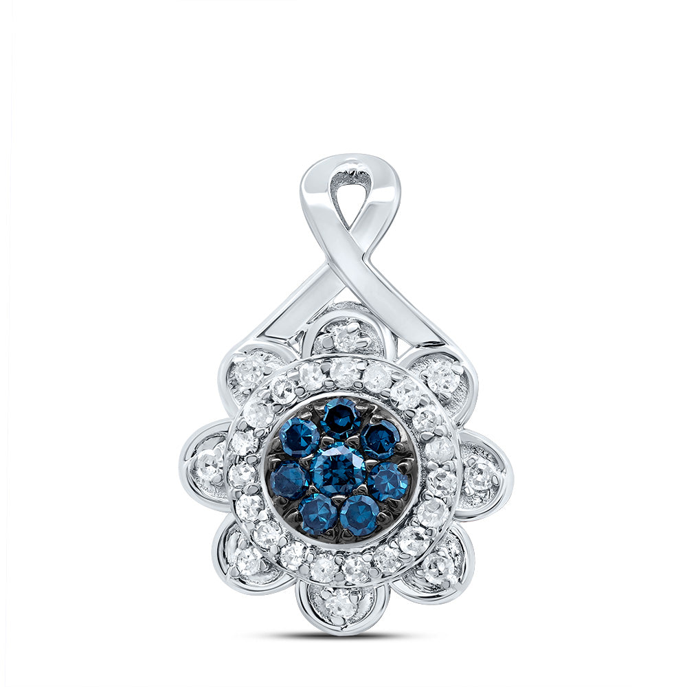 10K White Gold 1/5 CTW-Natural Diamond Gift Blue Diamond Flower Pendant 0.83 Gram