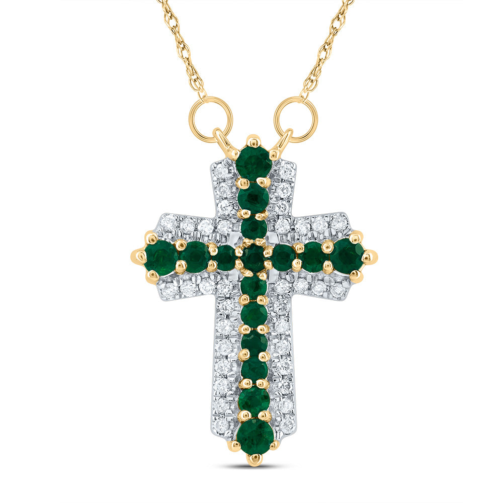 14K Yellow Gold 1/8 CTW-Natural Diamond 1/2 CTW-Rd-Em Natural Gemstone Cross Necklace (18 Inch ) 1.79 Gram