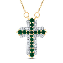 14K Yellow Gold 1/8 CTW-Natural Diamond 1/2 CTW-Rd-Em Natural Gemstone Cross Necklace (18 Inch ) 1.79 Gram