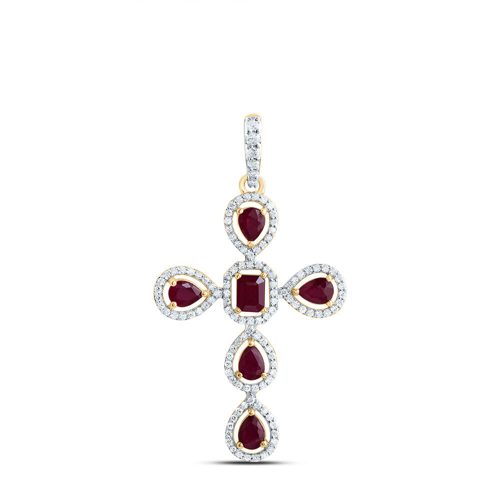 14K Yellow Gold 1/3 CTW-Natural Diamond 1 CTW-Ps-Ru, 4X3MM-Em-Ru, Natural Gemstone Cross Pendant 2.62 Gram