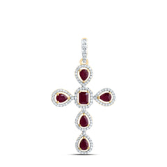 14K Yellow Gold 1/3 CTW-Natural Diamond 1 CTW-Ps-Ru, 4X3MM-Em-Ru, Natural Gemstone Cross Pendant 2.62 Gram