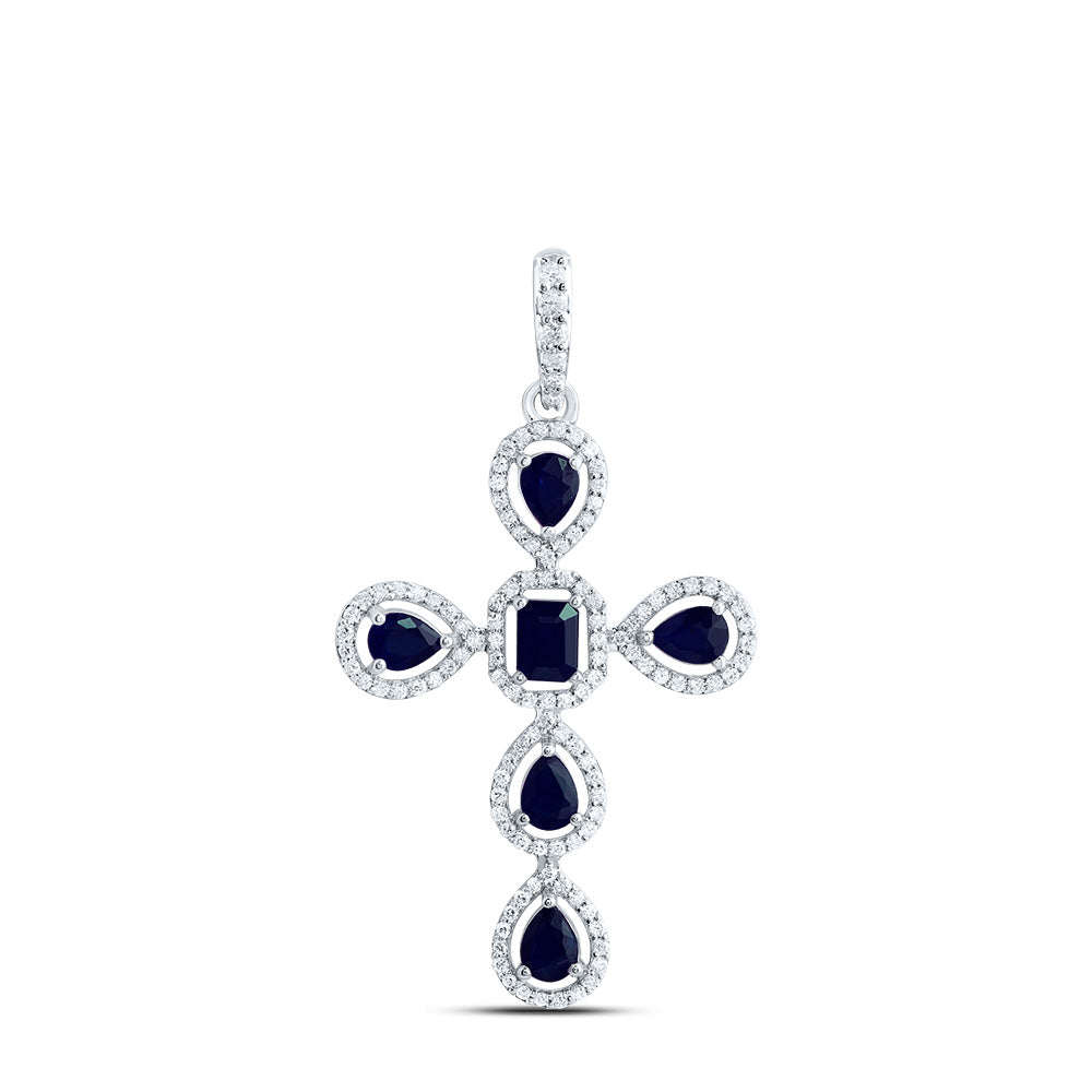 14K White Gold 1/3 CTW-Natural Diamond 1 CTW-Ps-Bs, 4X3MM-Em-Bs, Natural Gemstone Cross Pendant 2.35 Gram