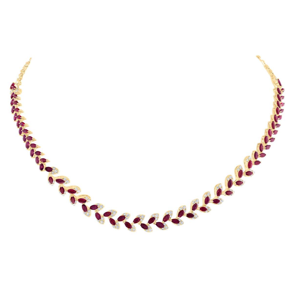 14K Yellow Gold 1 1/4 CTW-Natural Diamond 6 1/2 CTW-Mq-Ruby Natural Gemstone Fashion Necklace(16 Inch ) 21.97 Gram