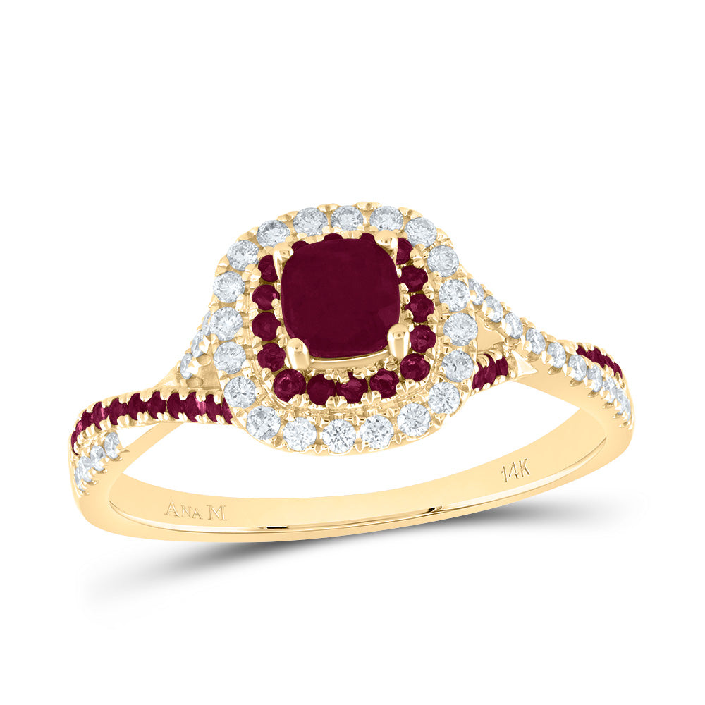 14K Yellow Gold 1/5 CTW-Natural Diamond 1/5 CTW-Rd-Ru 4MM Cu-Ru Natural Gemstone Double Halo Bridal Ring 2.78 Gram