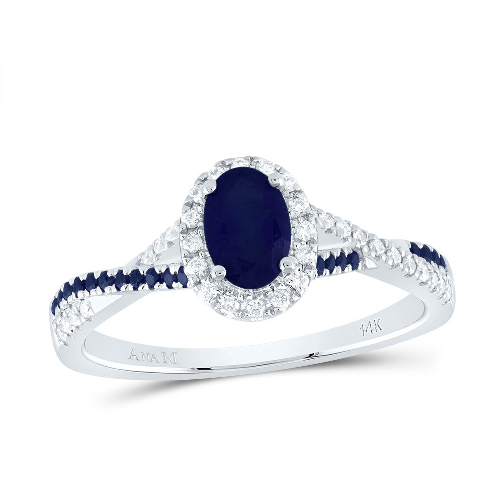 14K White Gold 1/8 CTW-Natural Diamond 1/8 CTW-Rd-Bs 6X4MM Ov-Bs Natural Gemstone Single Halo Bridal Ring 2.53 Gram