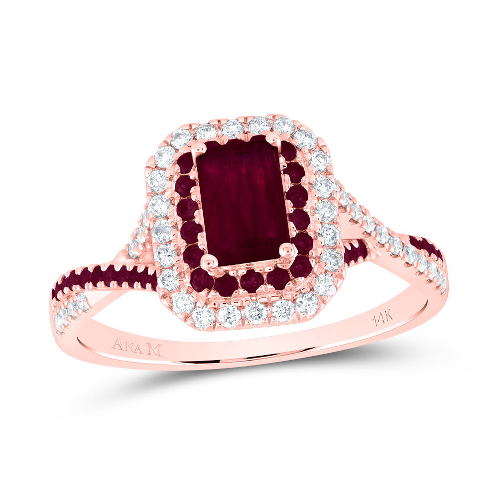 14K Rose Gold 1/5 CTW-Natural Diamond 1/5 CTW-Rd-Ru 6X4MM Em-Ru Natural Gemstone Double Halo Bridal Ring 2.79 Gram
