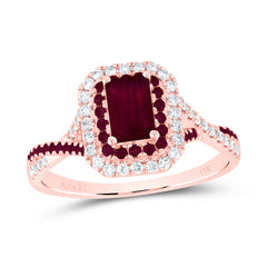 14K Rose Gold 1/5 CTW-Natural Diamond 1/5 CTW-Rd-Ru 6X4MM Em-Ru Natural Gemstone Double Halo Bridal Ring 2.79 Gram