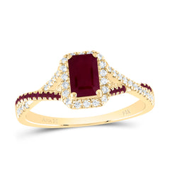 14K Yellow Gold 1/6 CTW-Natural Diamond 1/10 CTW-Rd-Ru 6X4MM Em-Ru Natural Gemstone Single Halo Bridal Ring 2.65 Gram
