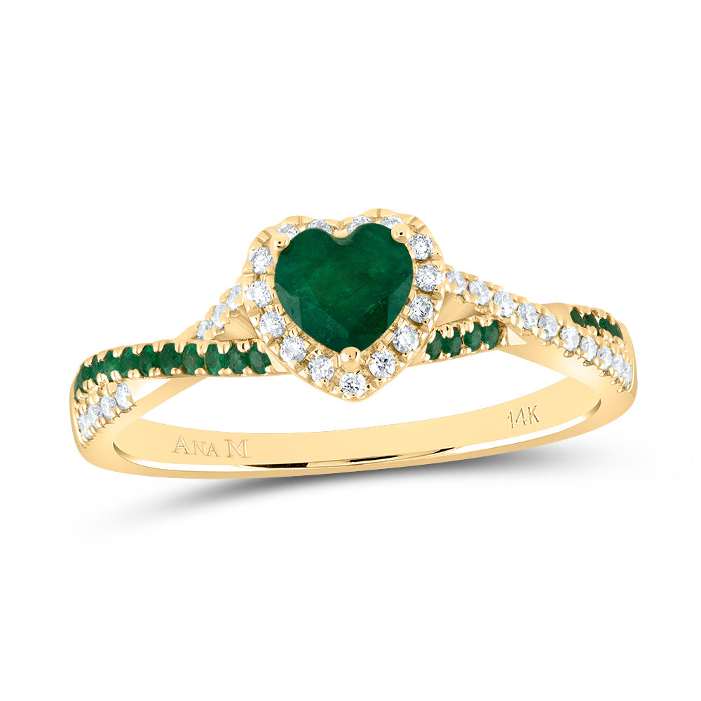 14k Gold 1/8 CTW-Natural Diamond 1/10 CTW-Rd-Em 4.5MM Ht-Em Natural Gemstone Single Halo Bridal Ring Gram