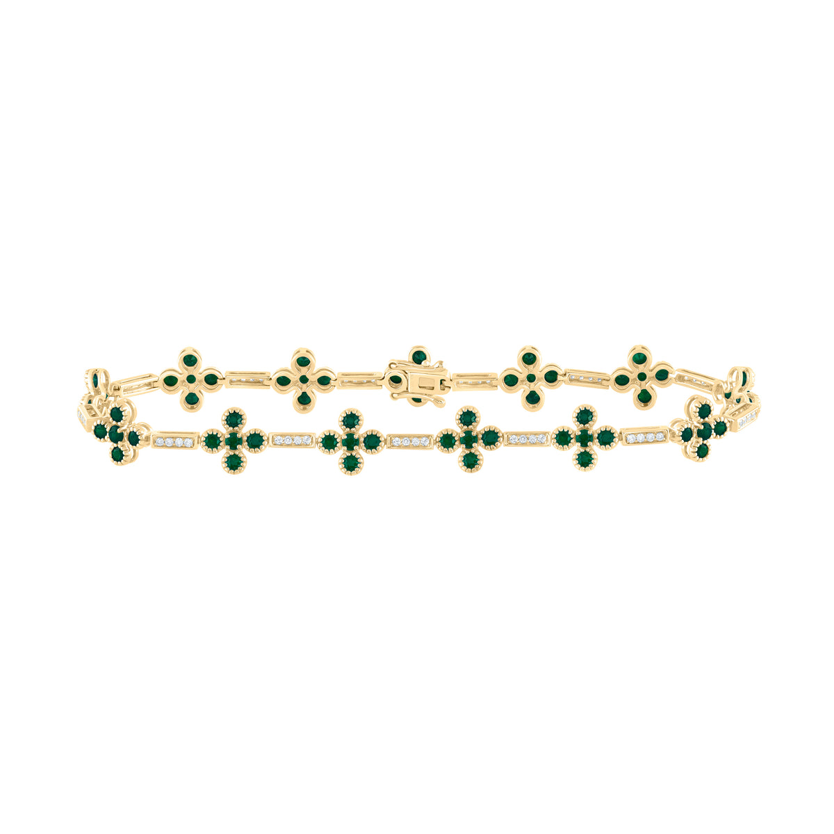 14K Yellow Gold 1/4 CTW-Natural Diamond 2 7/8 CTWrd-Em Natural Gemstone Clover Bracelet (7 Inch ) 6.89 Gram