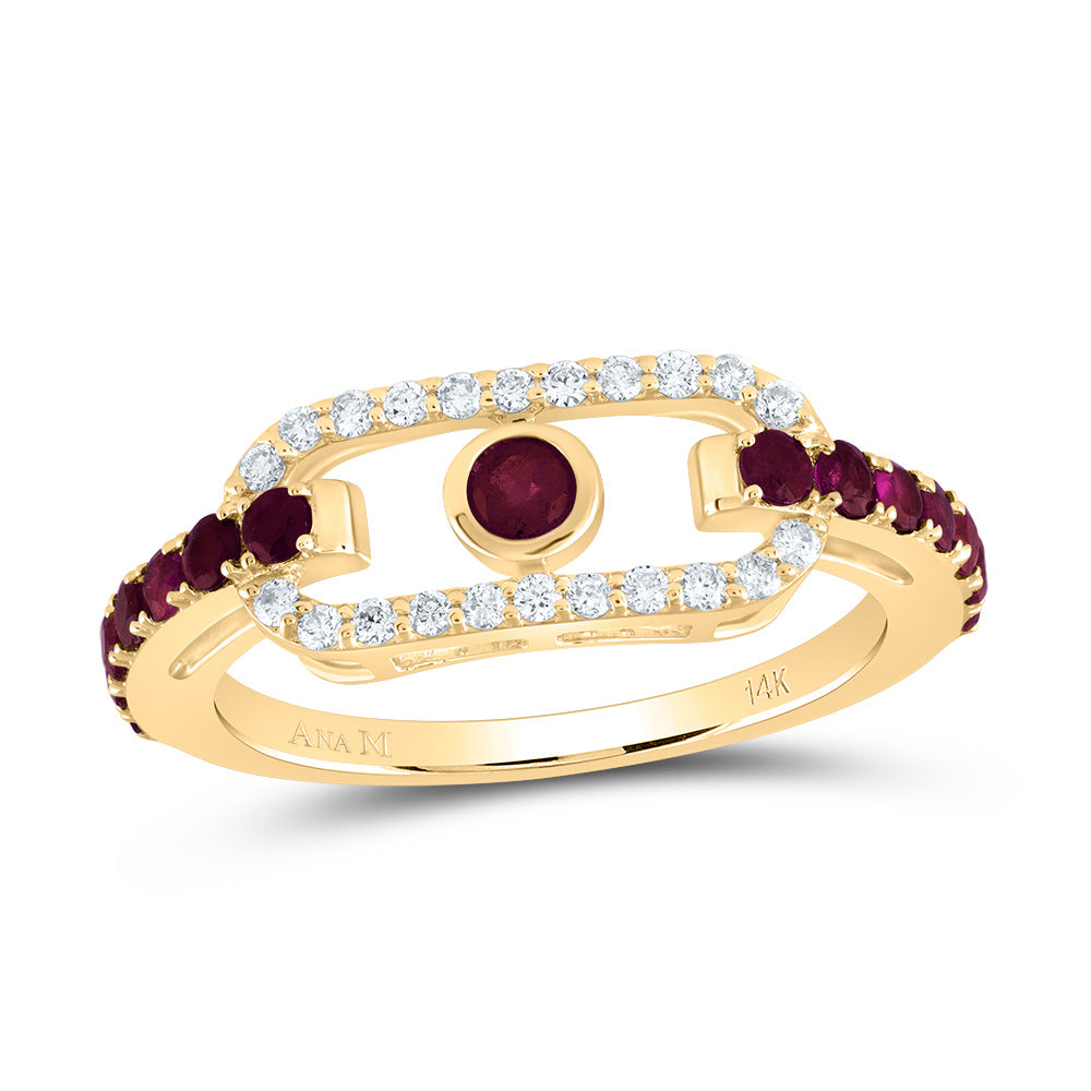 14K Yellow Gold 1/5 CTW-Natural Diamond 3/4 CTWrd-Ru Natural Gemstone Paper Clip Ring 2.93 Gram